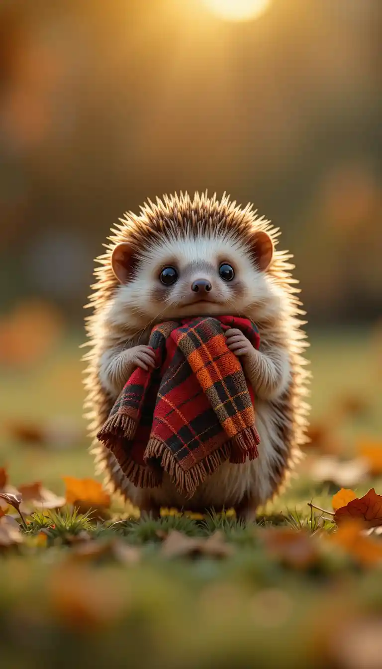 Cute hedgehog holding a plaid blanket in a garden