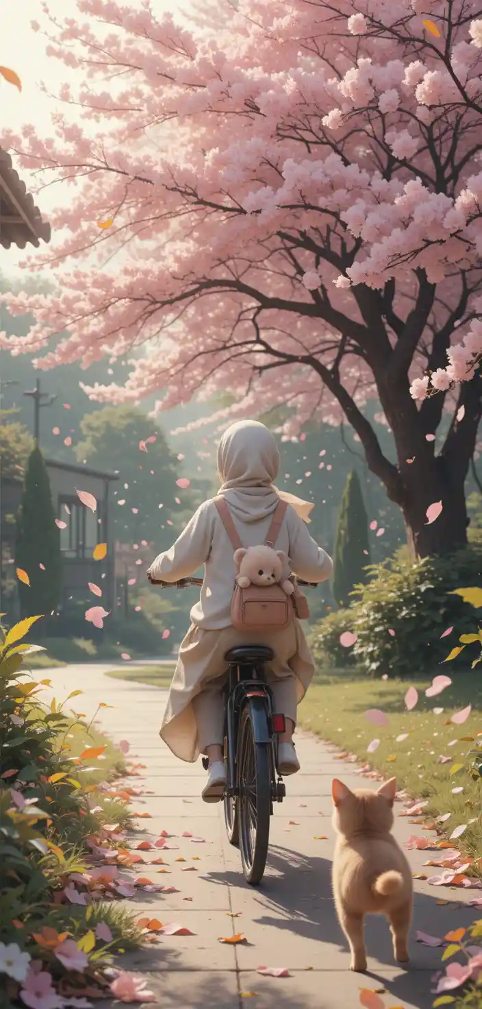 Little girl riding bicycle in a magical front yard