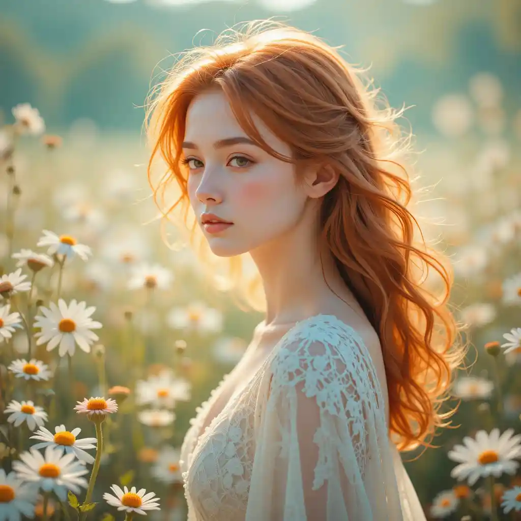 Teen girl in daisies with soft golden hour light