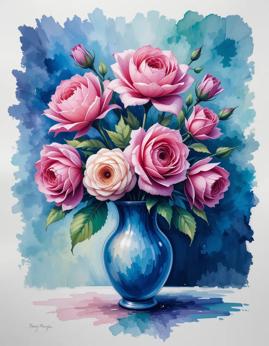 Vibrant watercolor bouquet in a blue and green background