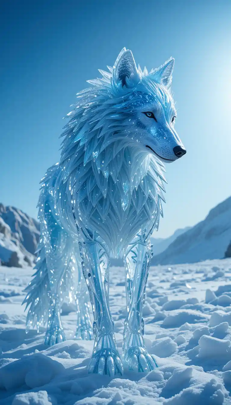 Crystal wolf shimmering in a bright icy blue landscape