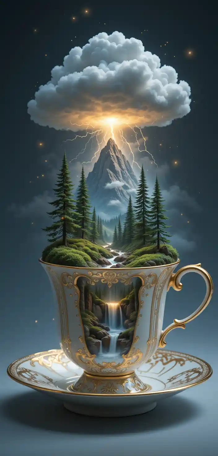 Ornate Porcelain Teacup Holding A Surreal Miniature Landscape
