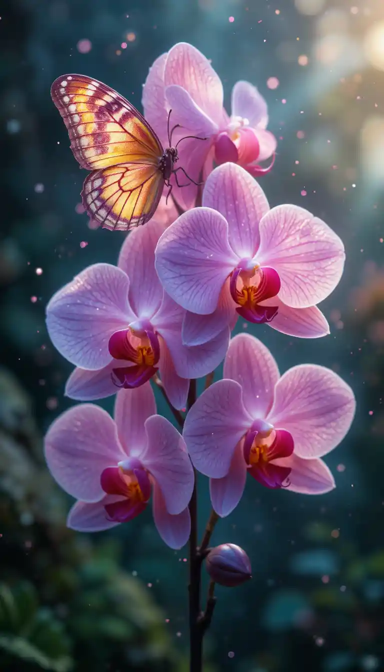 Cinematic watercolor orchid with magical butterfly petals