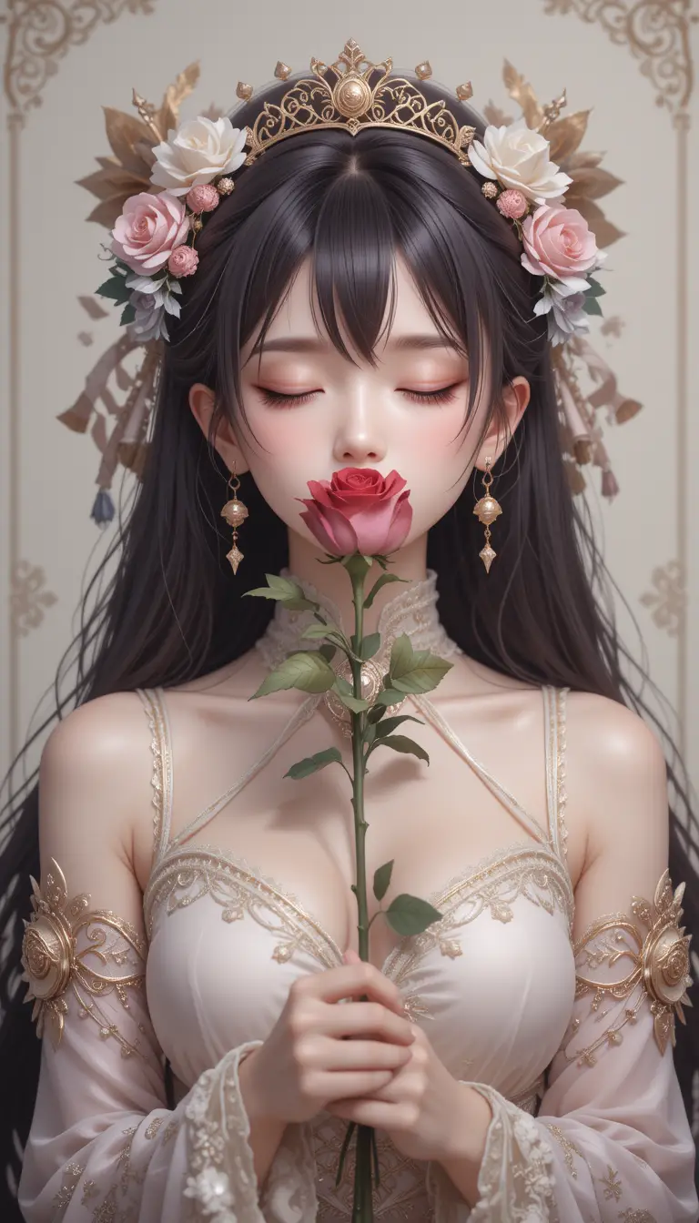 Anime woman holding a rose with closed eyes portrait