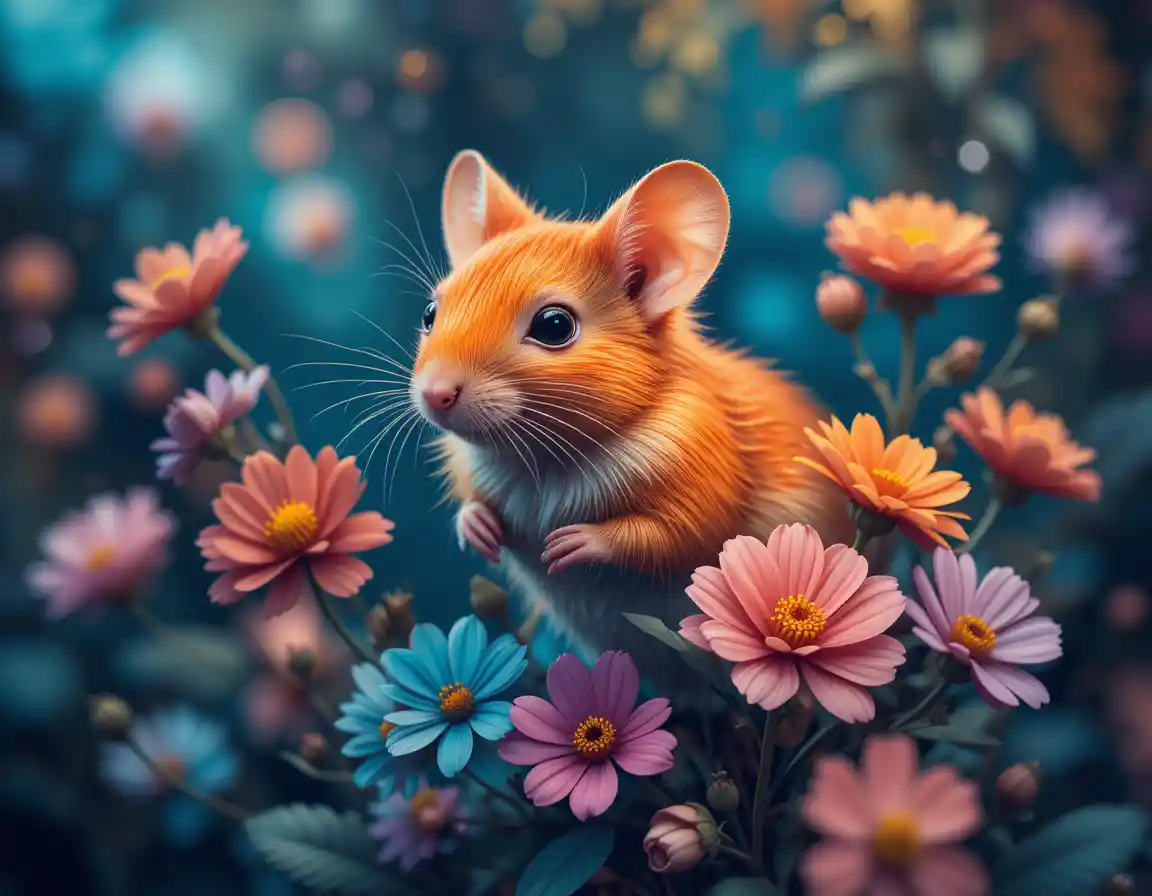 Colorful mouse with fantasy flowers on dreamy bokeh background