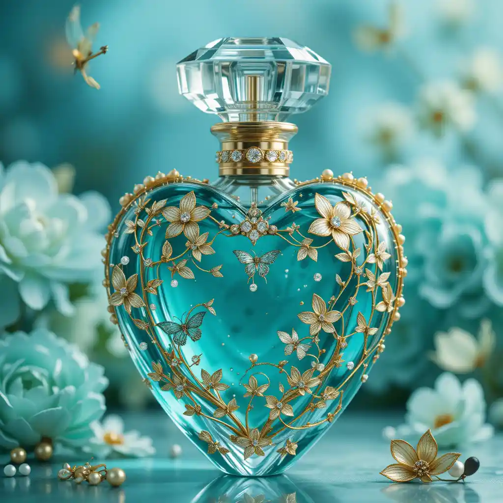 Teal heart perfume bottle with gold floral butterfly design