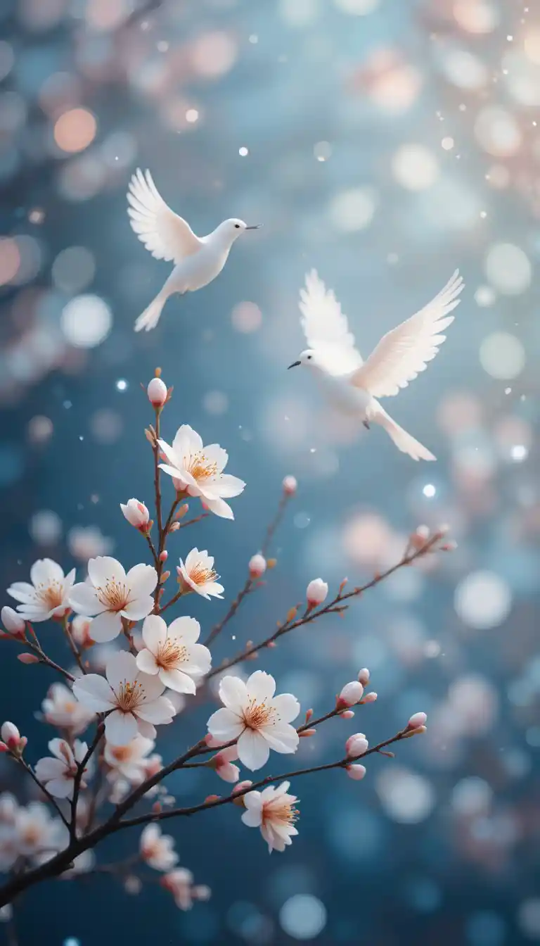 Peaceful white birds among blossoms in soft pastel sky
