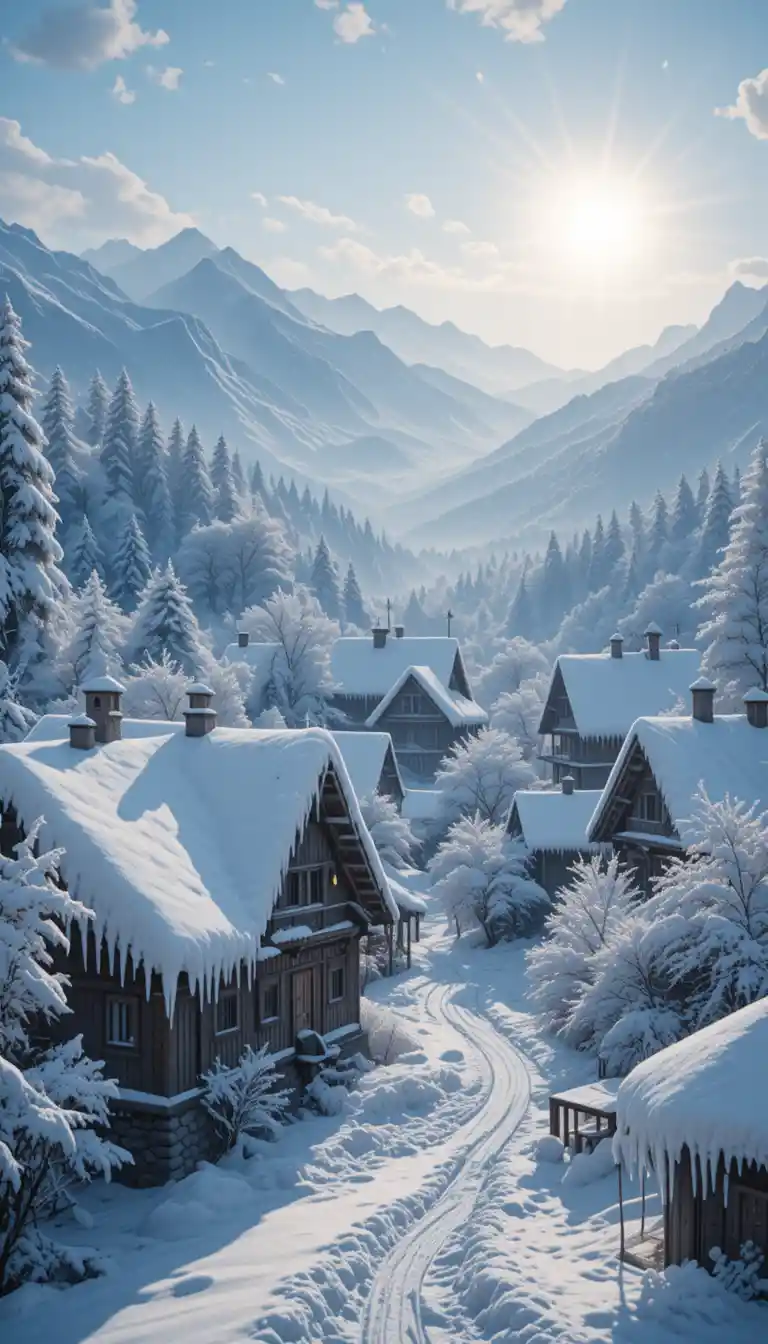 Snow covered winter village roofs in bright sunlight