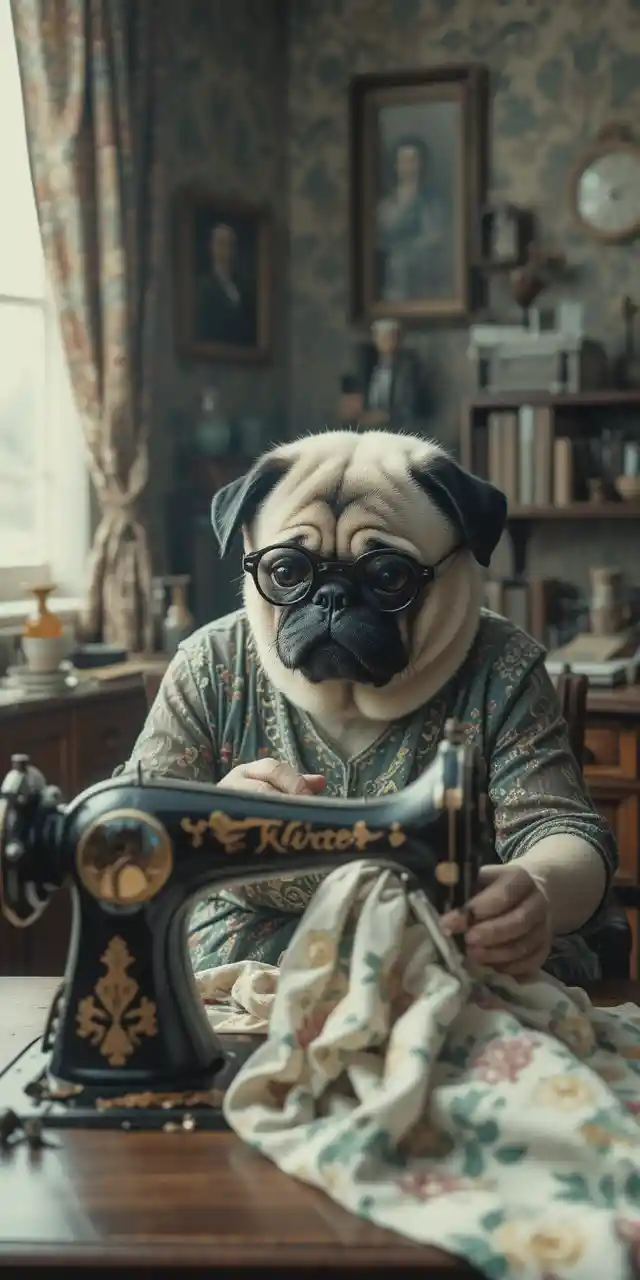 Anthropomorphic pug lady sewing at a vintage machine