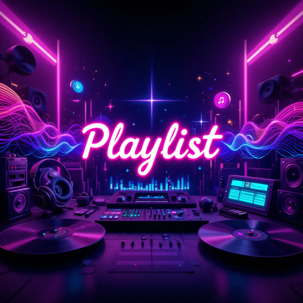 Neon playlist cover with music icons and waveforms