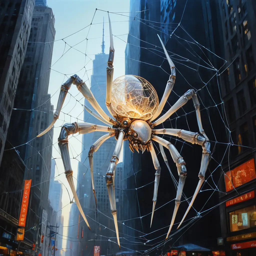 Neon cybernetic spider on web between city towers