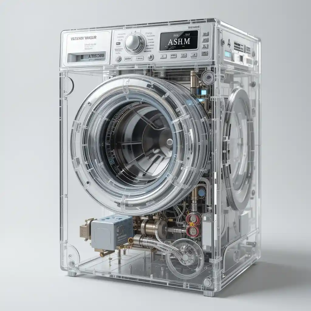 Transparent washing machine revealing intricate internal components