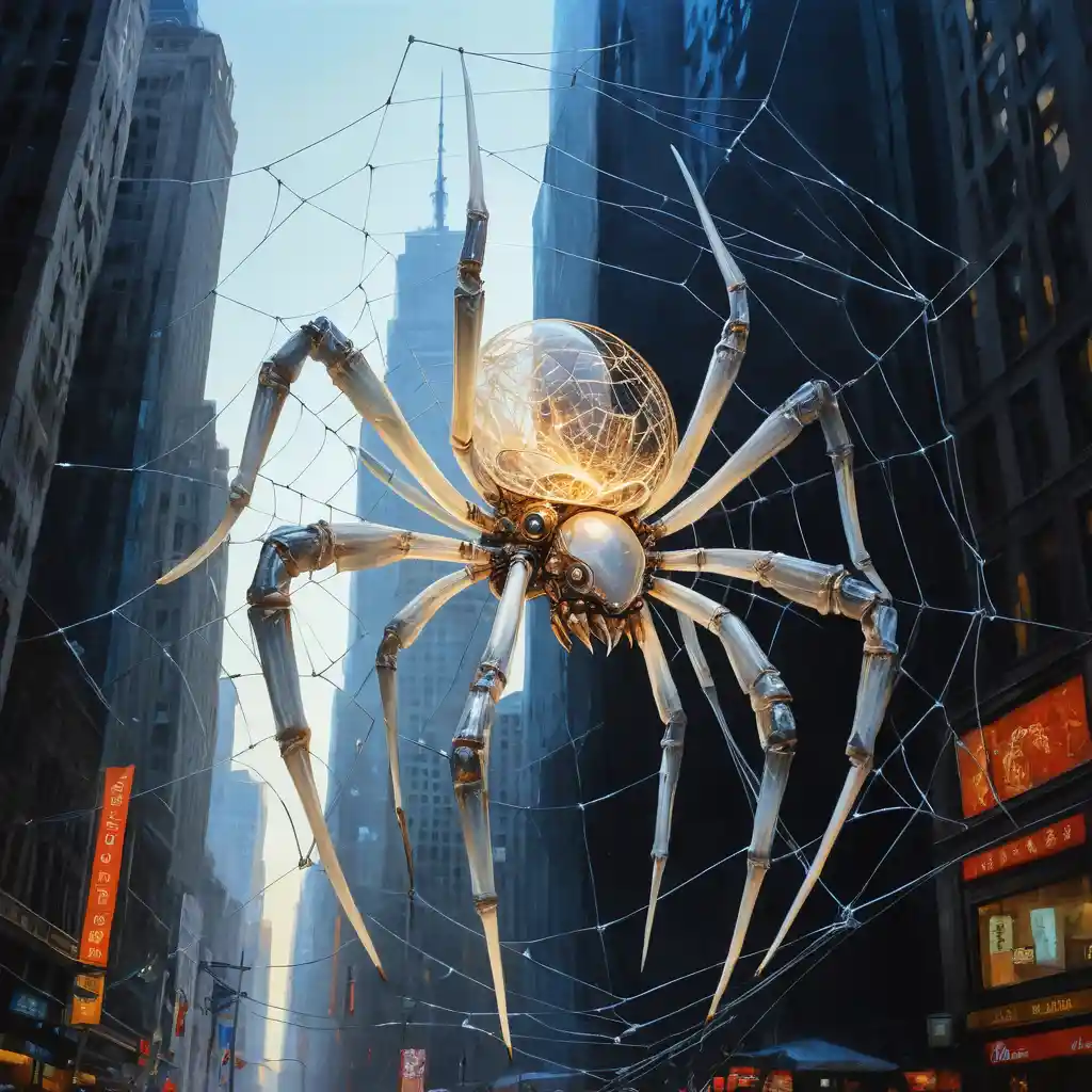 Neon cybernetic spider on web between city towers