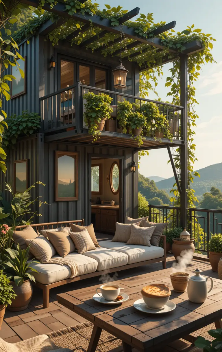 Aconchegante casa contêiner de dois andares com terraço verde