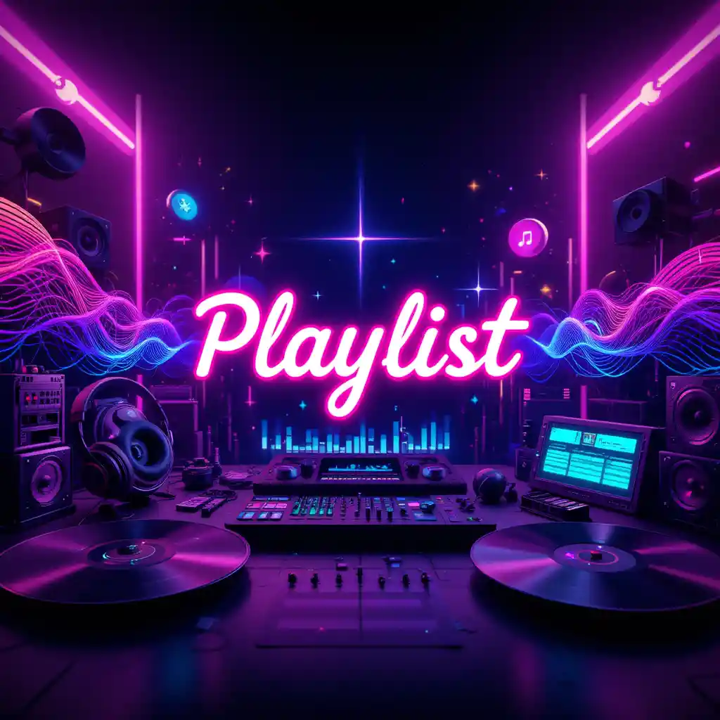 Neon playlist cover with music icons and waveforms