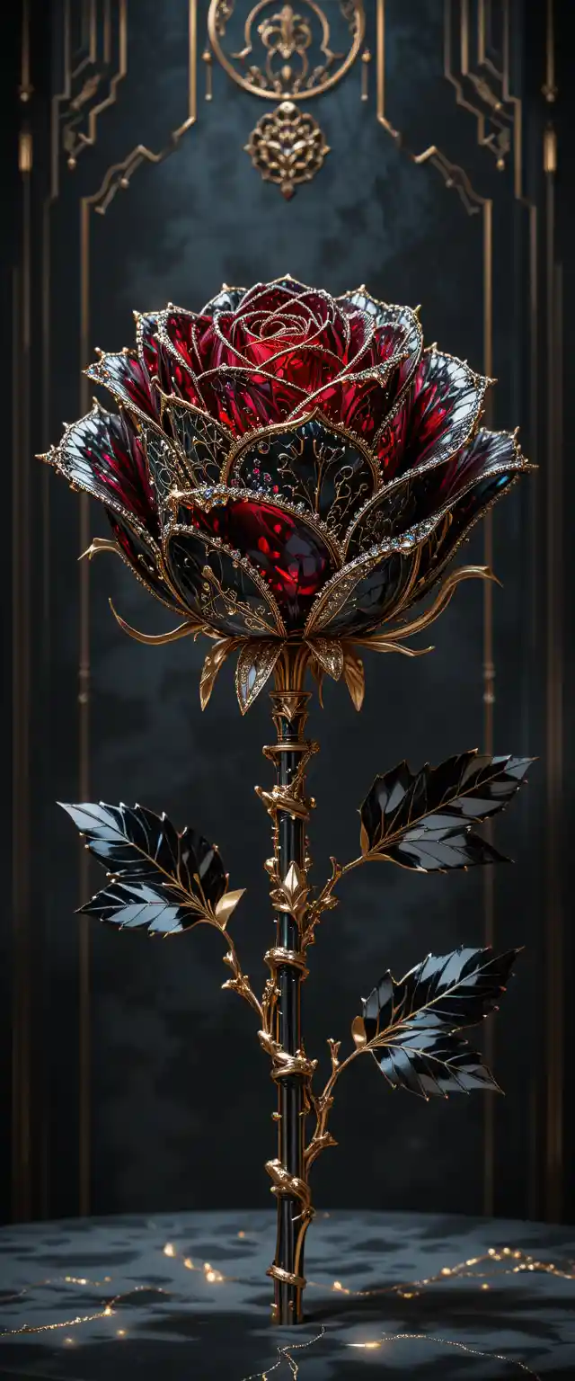 Opulent Black Crystal Rose In Luxurious Digital Illustration