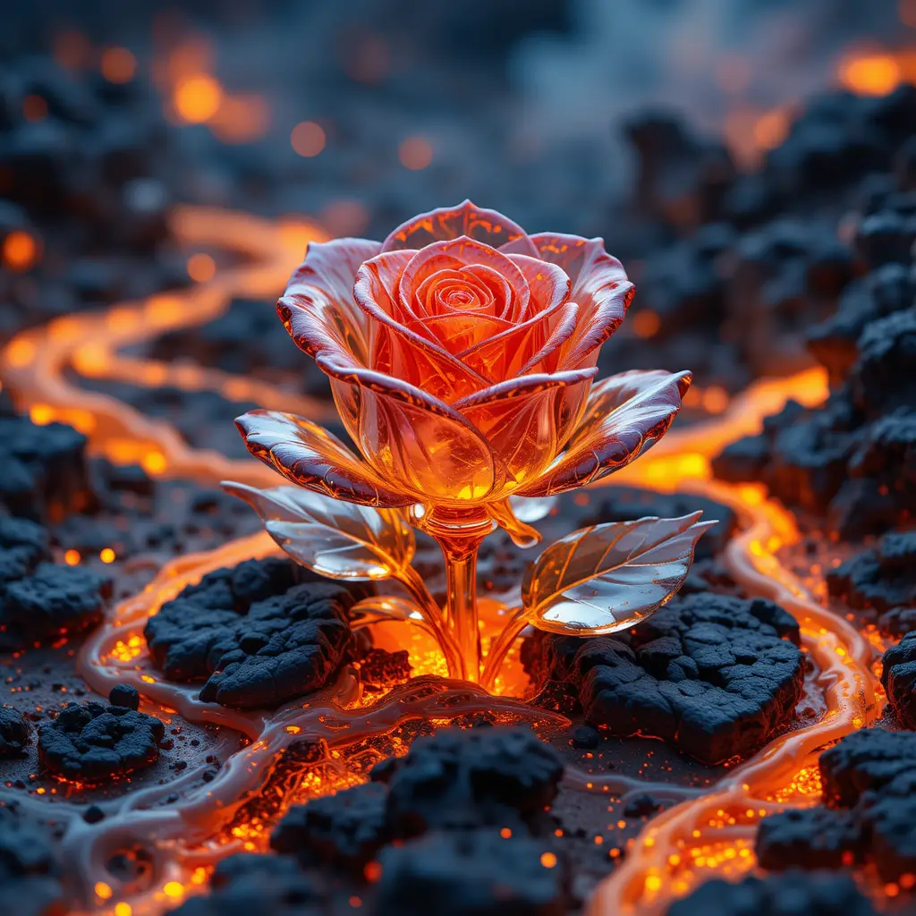 Glass Rose Blooming Amid Flowing Lava And Fire