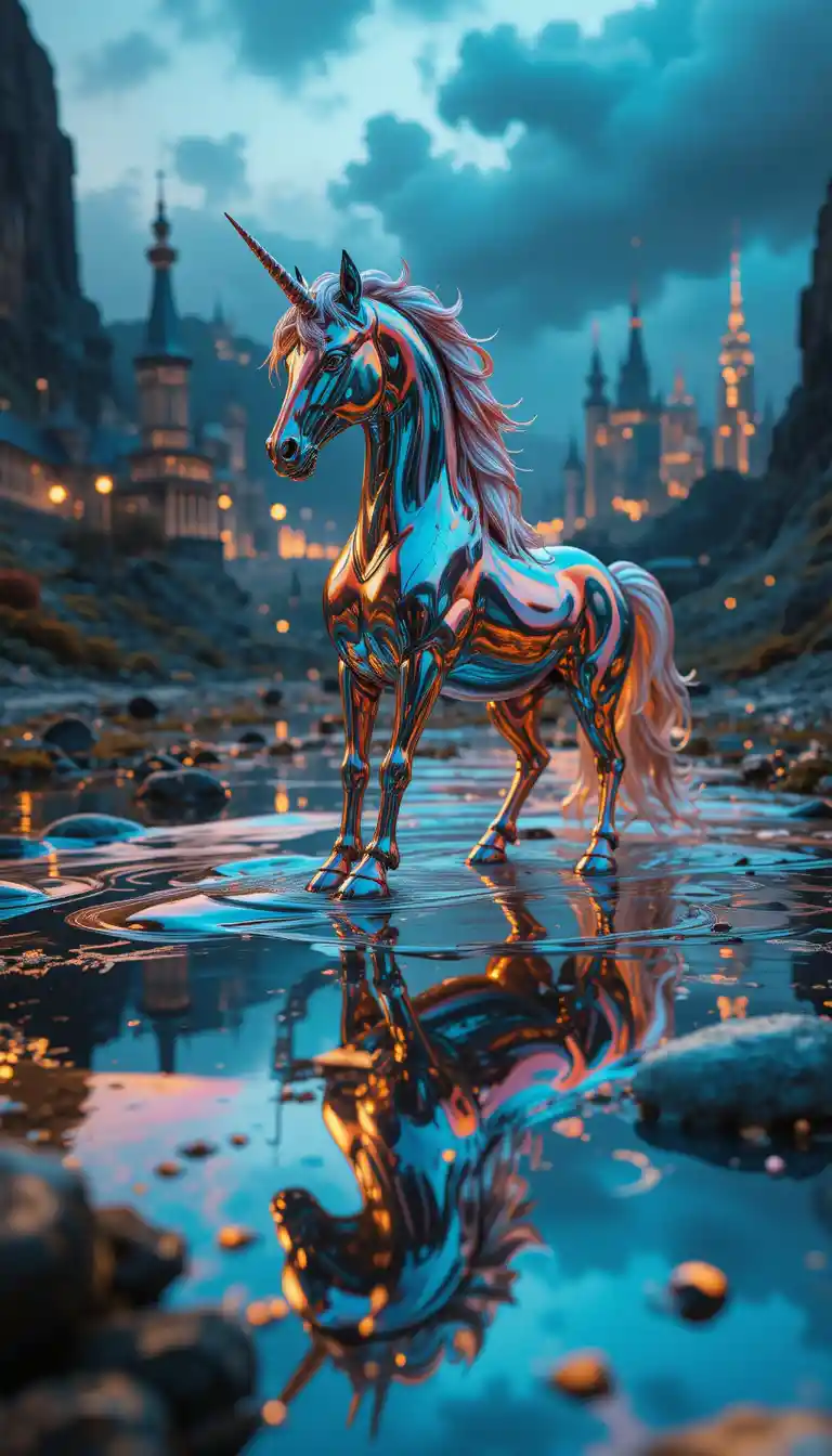 Surreal macro unicorn melting into shimmering liquid metal