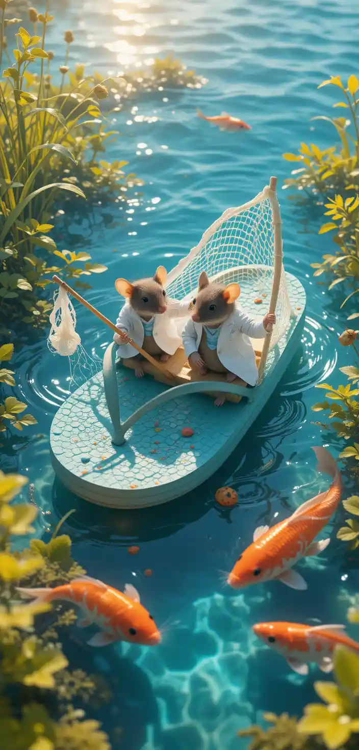 Lab mice riding a flip flop fishing boat
