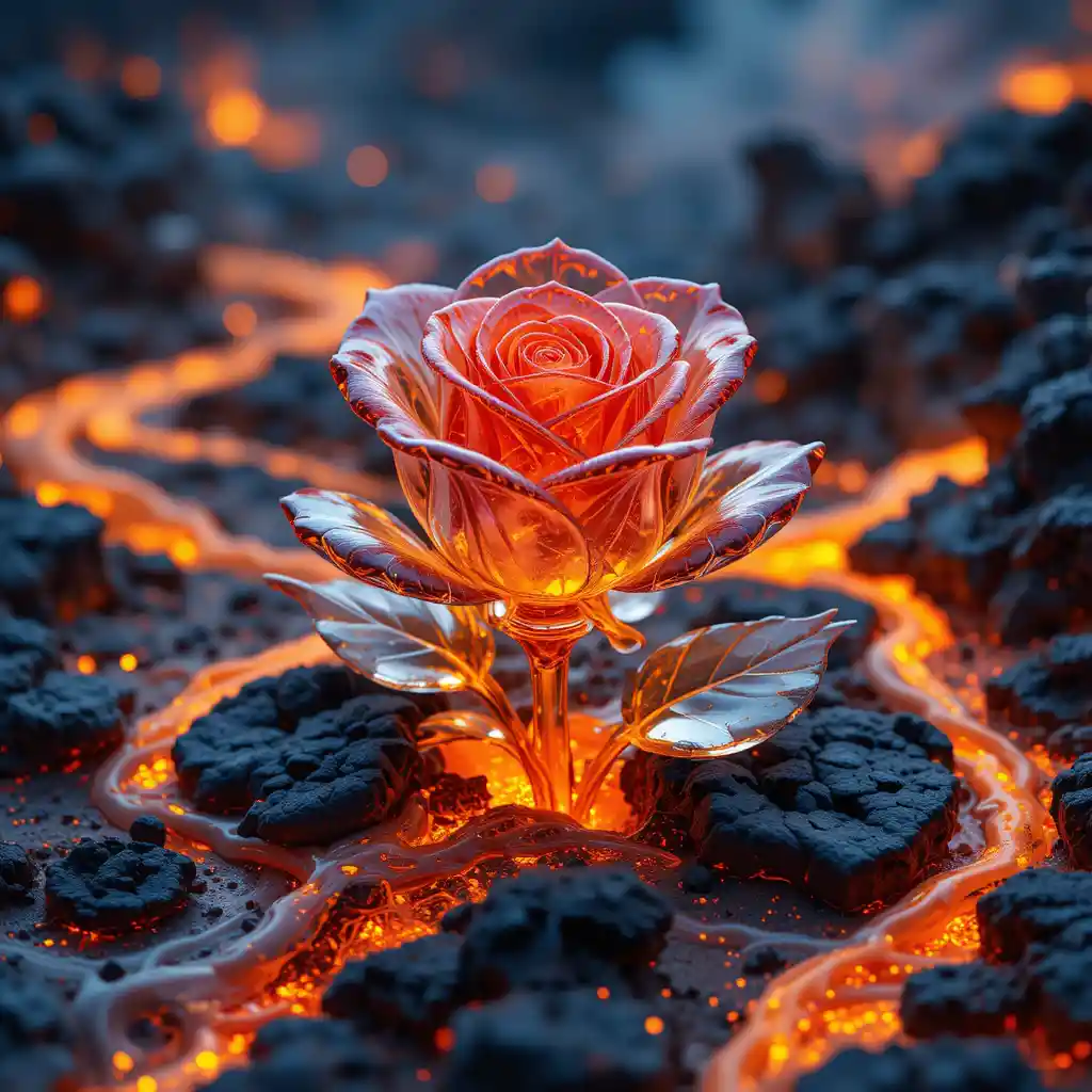 Rosa de Cristal Floreciendo entre Lava Fluyente y Fuego