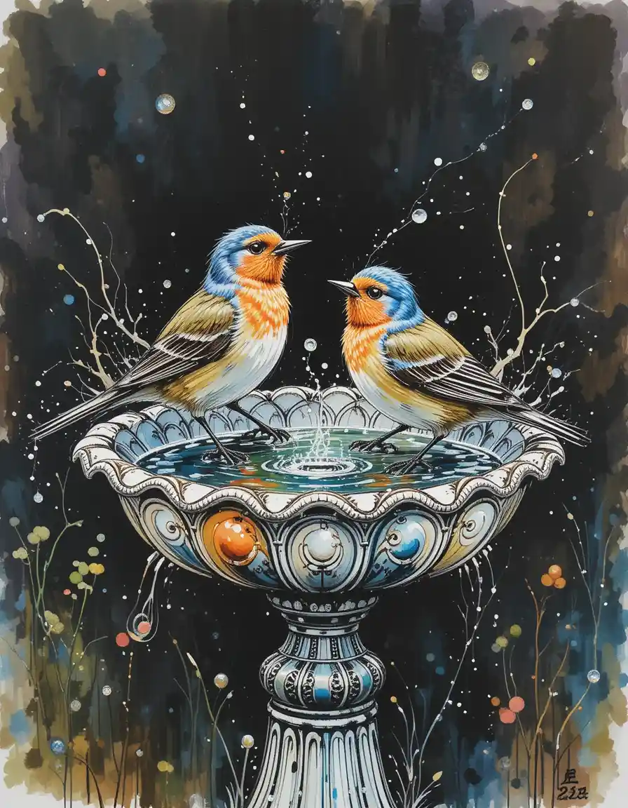 Oiseaux chanteurs jouant dans une scène de bain d’oiseaux ornemental en techniques mixtes