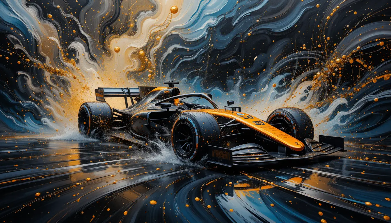 F1 racing car in swirling abstract oil painting scene