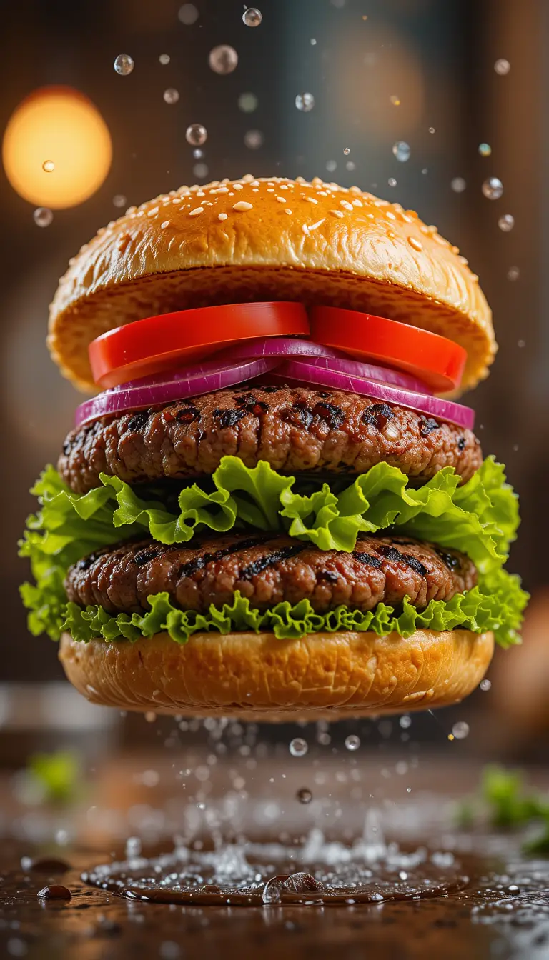 Gourmet burger with floating fresh ingredients in mid air