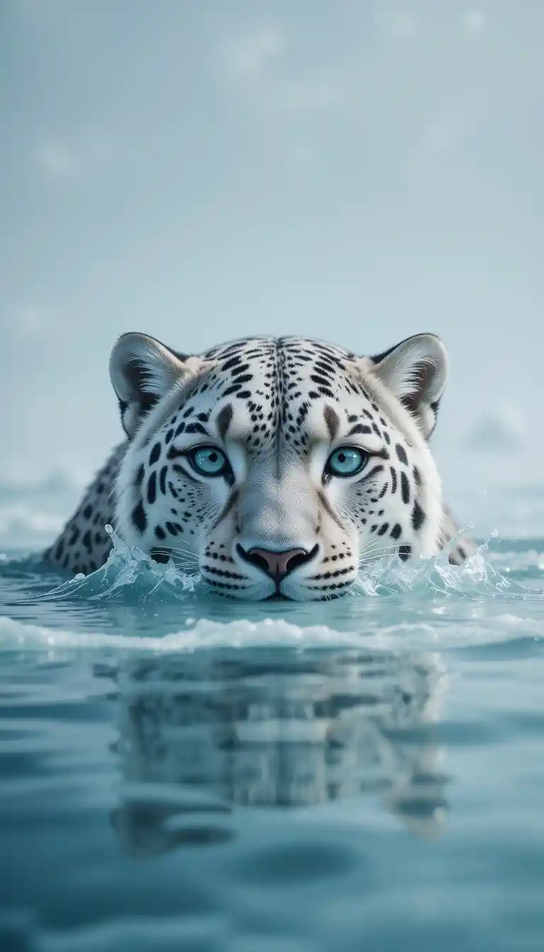 Schneeleopard-Porträt, das aus kristallklarem Wasser auftaucht