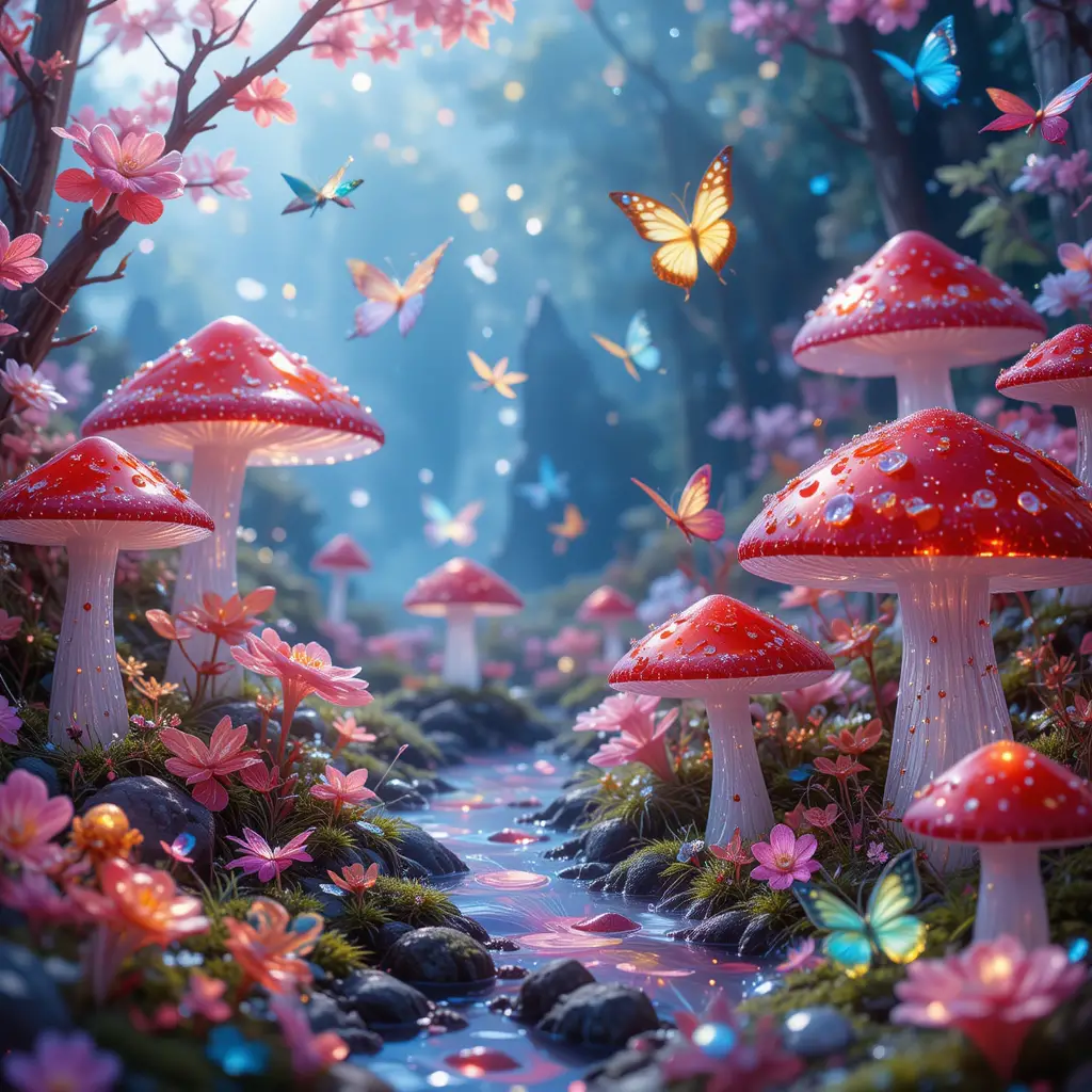 Magical Glass Mushroom Landscape With Colorful Butterflies