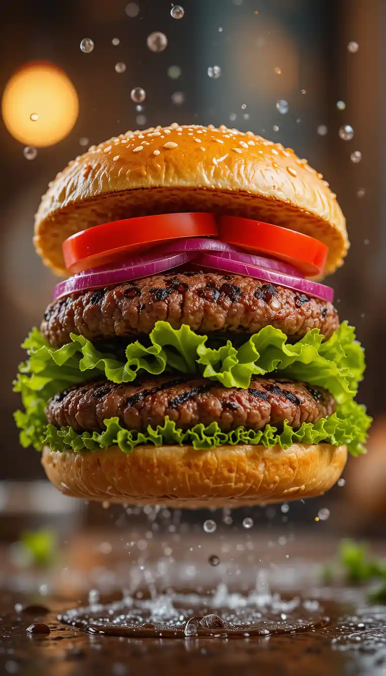 Gourmet-Burger mit schwebenden frischen Zutaten in der Luft