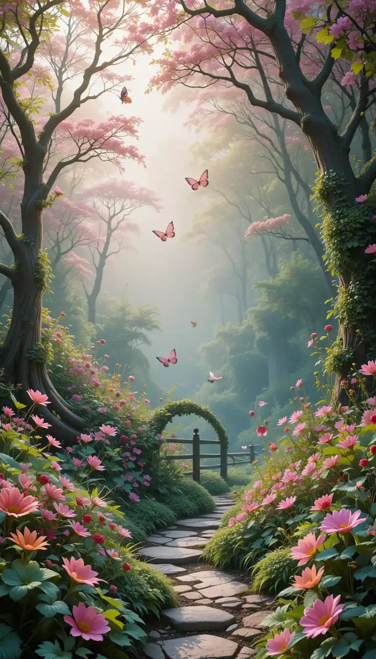 Fantasy garden wallpaper with lime green and pink tones