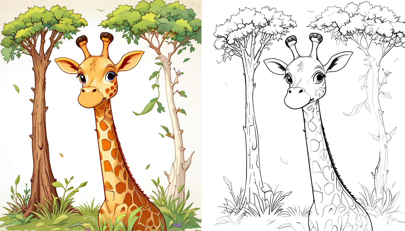 Gentle giraffe eating leaves under a bright sunny sky