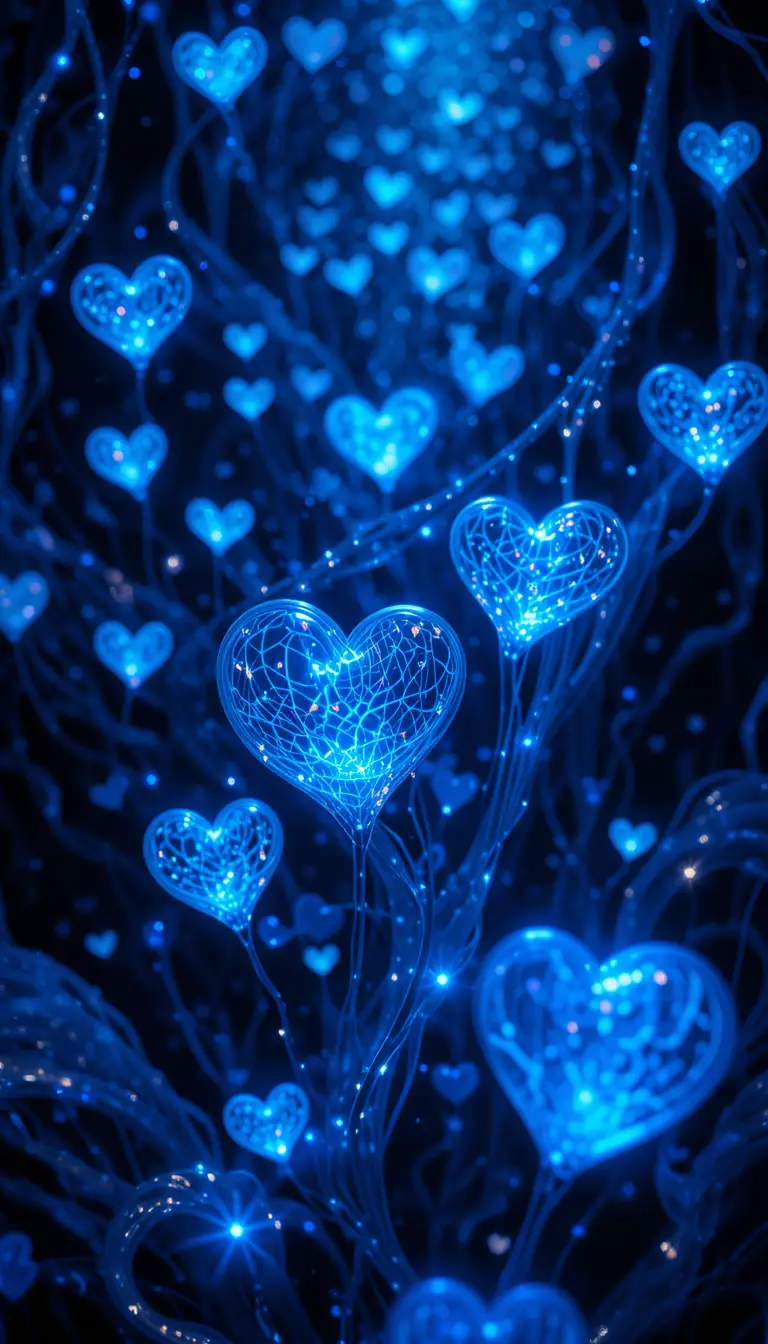 Blue psychedelic lights with floating hearts and patterns