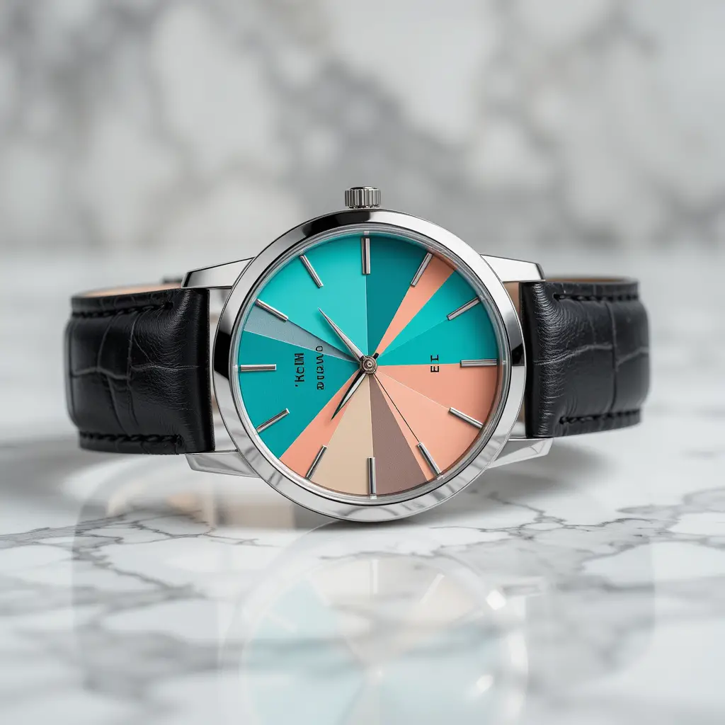 Colorful wristwatch close up on marble background