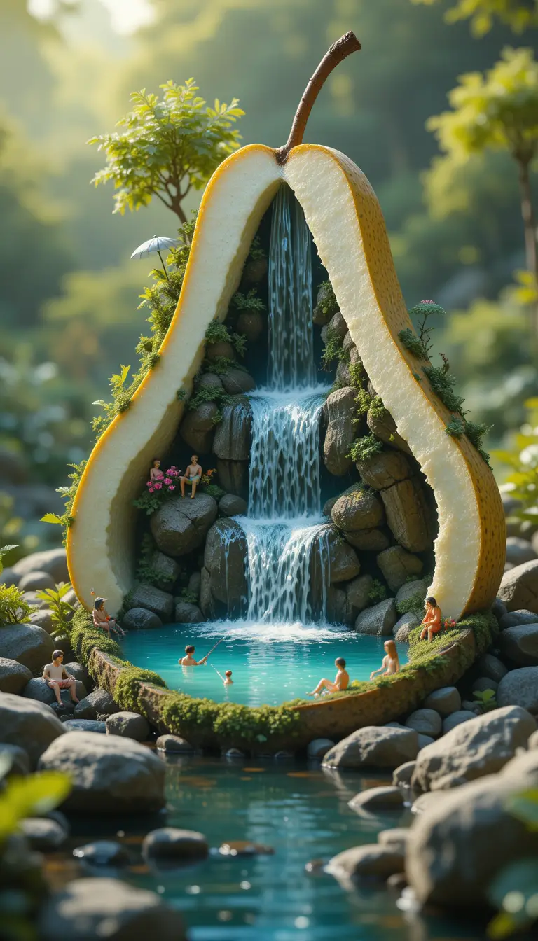 Miniature Waterfall Sanctuary Inside A Cut Open Pear