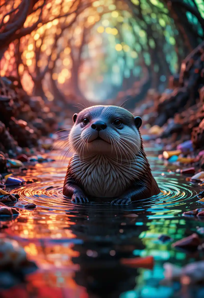 Fluffy otter swimming in a polluted river habitat