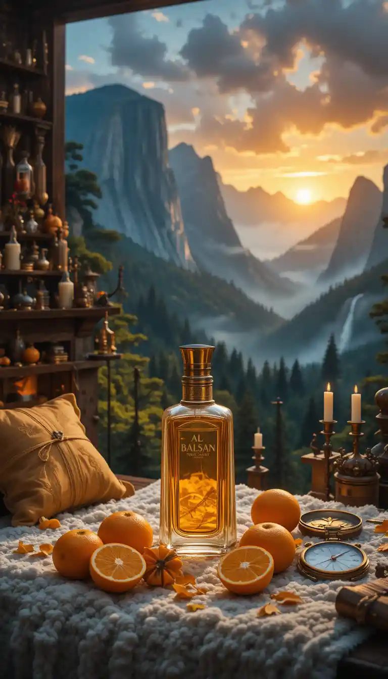 Perfume Bottle On Chair With Citrus And Mountain Sunset