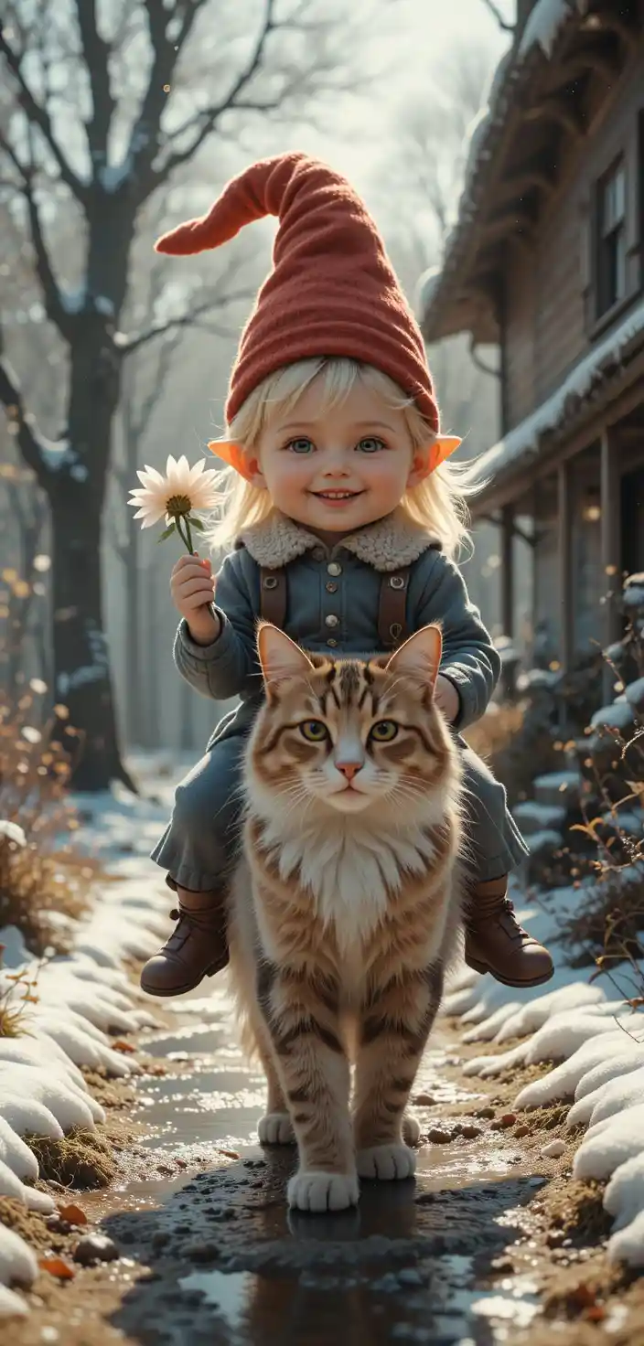 Gnome boy riding a cat through a sunny spring farm