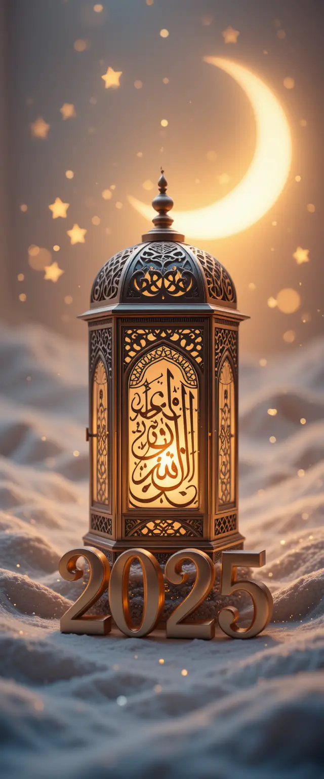 Ramadan greeting card with golden lantern and crescent moon
