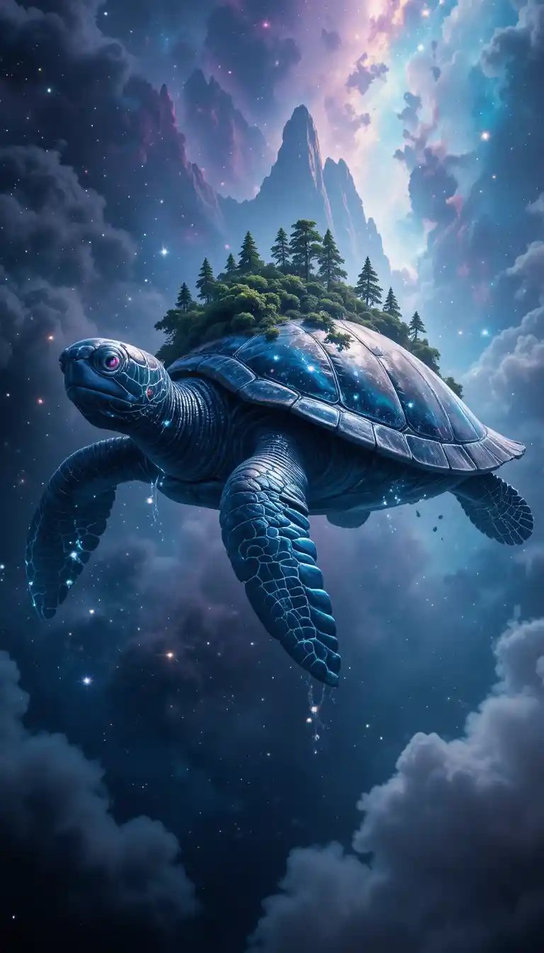 Cosmic sea turtle gliding through a glowing nebula