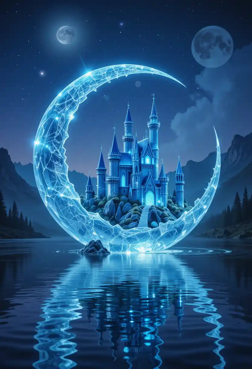 Crystalline Crescent Moon Cradling A Translucent Medieval Castle