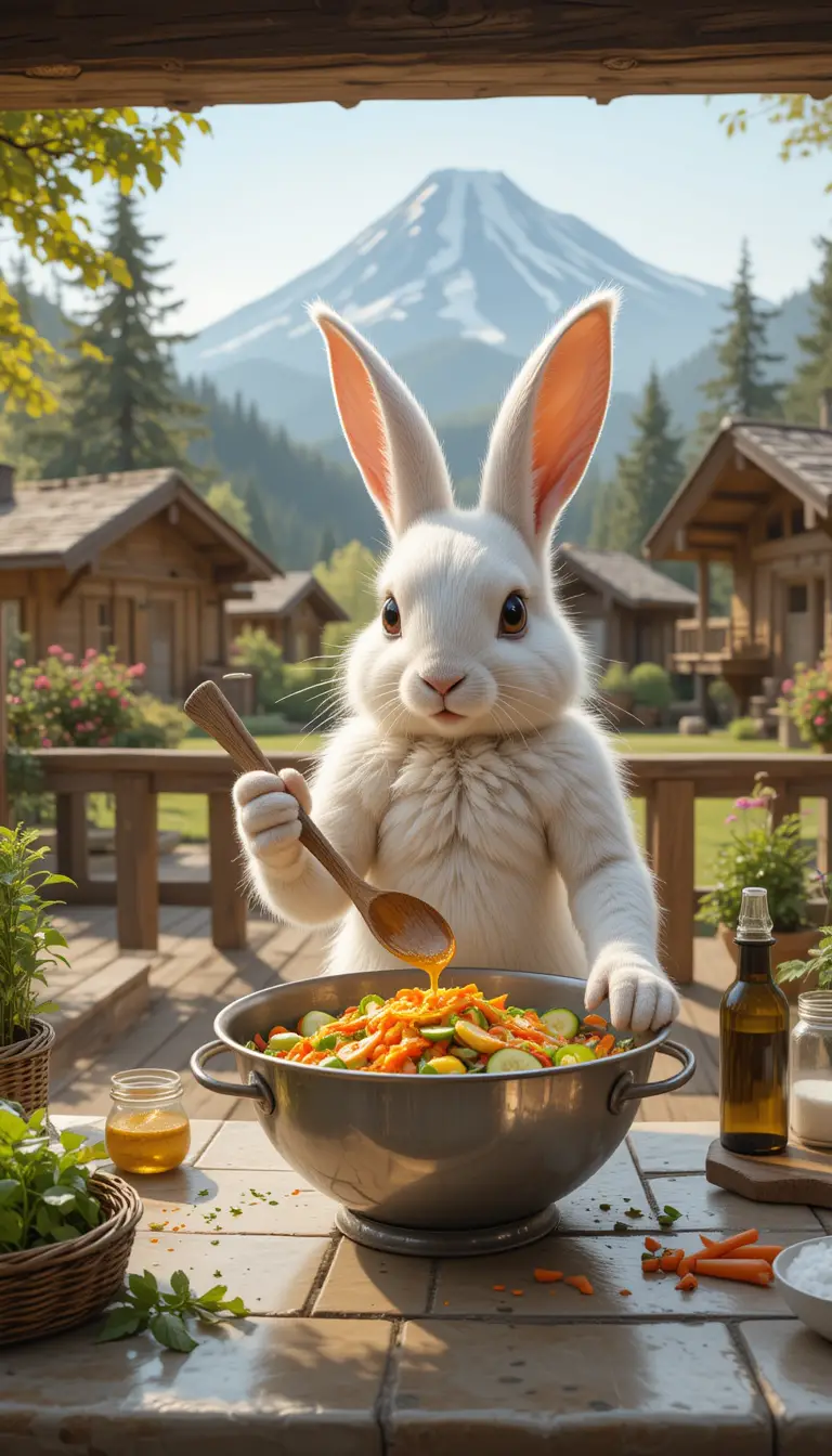 Anthropomorphic Rabbit Chef Preparing Fresh Carrot Salad Outdoors