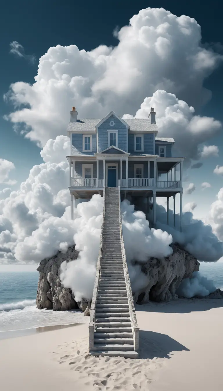 Surreal cloud house staircase leading to tranquil beach