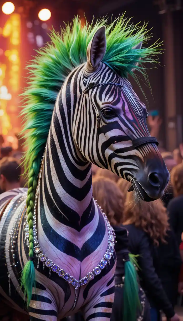 Zebra punk colorida com moicano em um show de rock