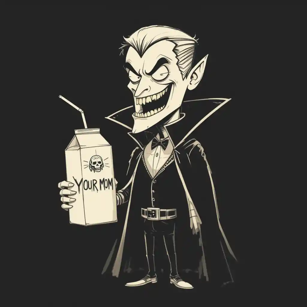 Minimalist vampire cartoon with humorous drink carton
