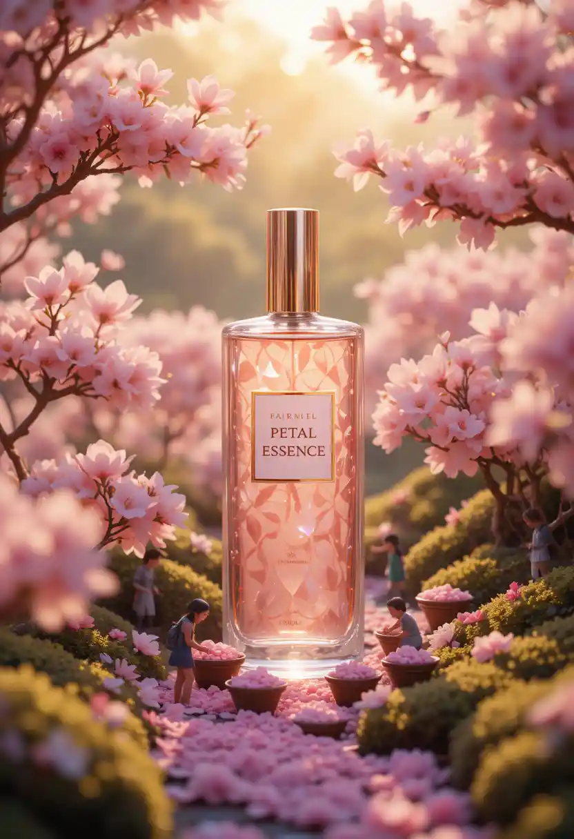 Miniature Village With Cherry Blossoms And Perfume Bottle