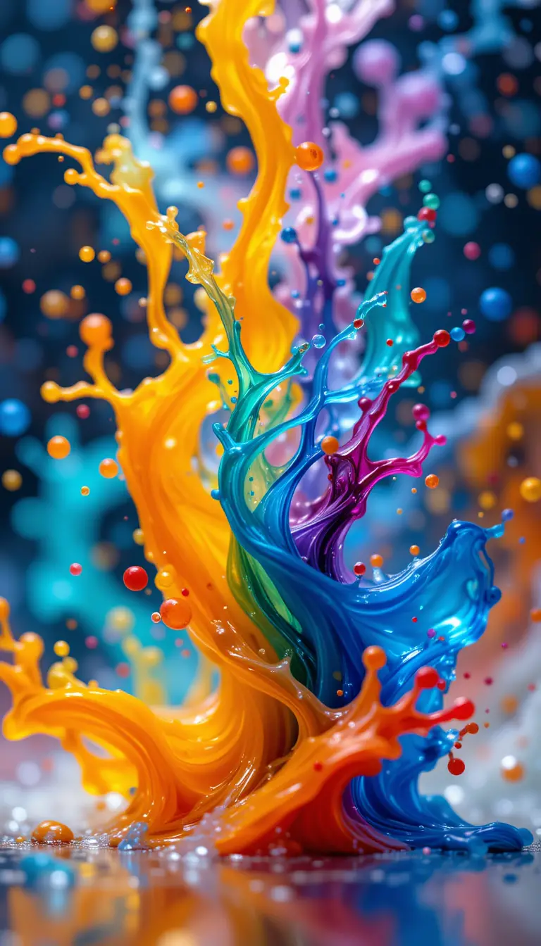 Dynamic abstract liquid forms with water splash bokeh