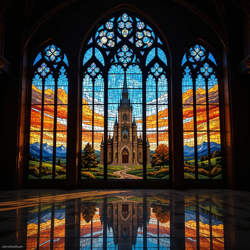 Stained glass church window with glowing sky reflection
