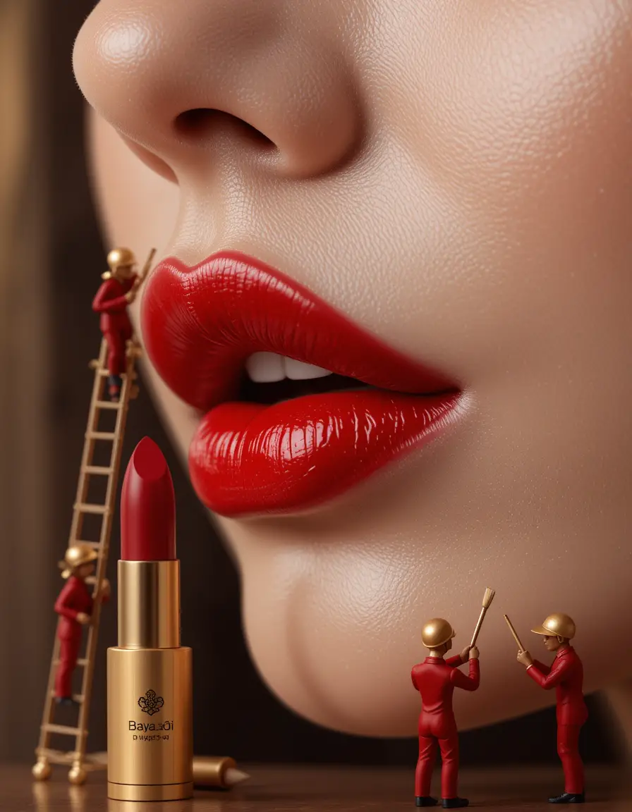 Close up of glossy red lips with tiny workers