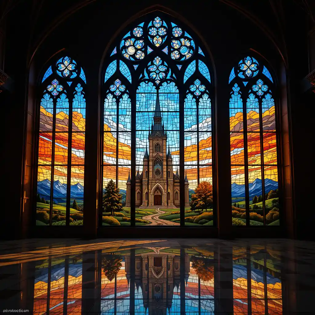 Vitrais de igreja com reflexão brilhante do céu